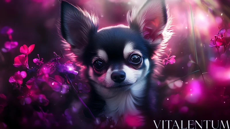 Long-haired chihuahua glows amid neon pink garden bokeh
