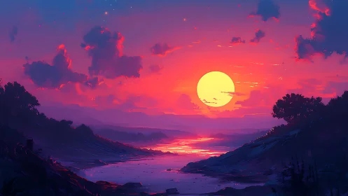 Neon river sunset melts into a candy-bright horizon glow.