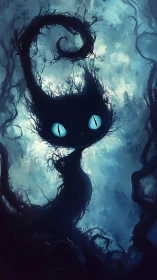 Nocturnal cat silhouette merges with twisted arboreal forms