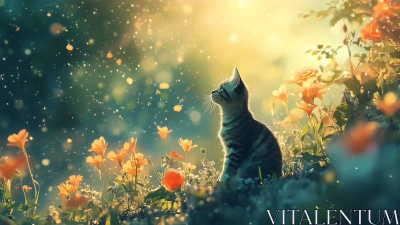 Cat Gazes at Golden Flowers in Dreamlike Garden.