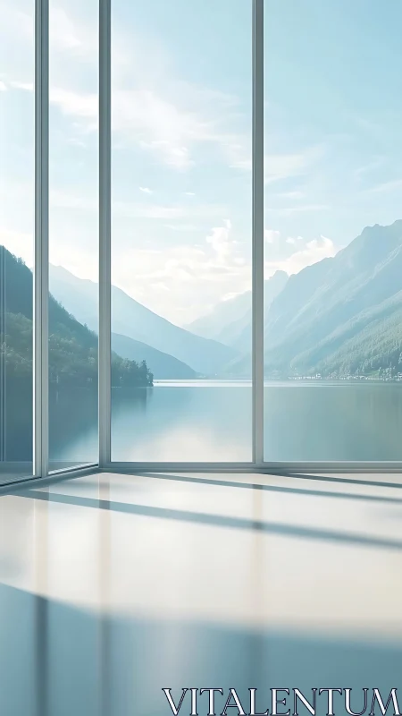 Minimalist lakeside interior with panoramic glazing system.