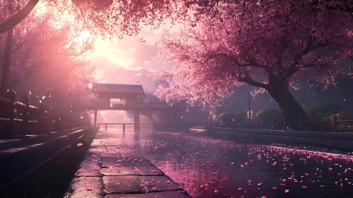 Sunlit canal and cherry blossoms define a cinematic springscape