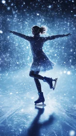 Figure skater spins gracefully under shimmering snowfall.