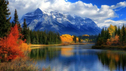 Snow-capped mountain above reflective autumn river scene.