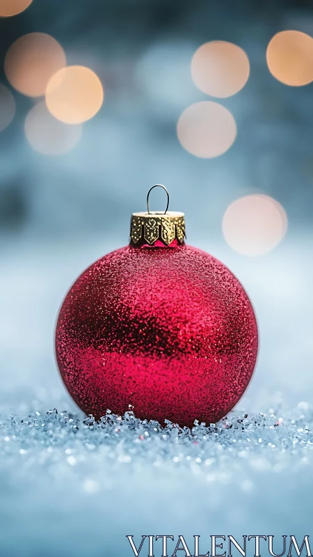 Sparkling red ornament resting softly in winter lights.