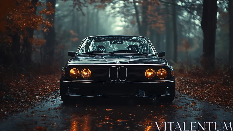 Classic car glowing warmly on a misty autumn forest road.