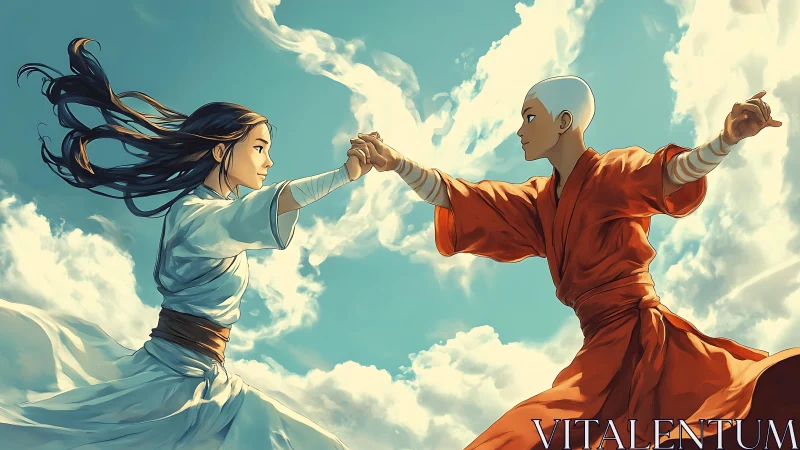 Skyborne martial duel between robed elemental warriors.