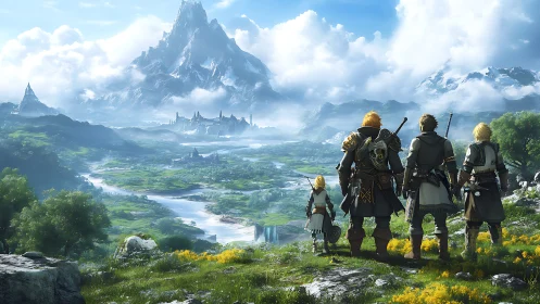 Adventuring party gazes toward mist-crowned emerald kingdom.