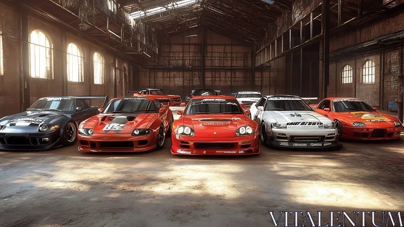 Track-prepped tuner coupes aligned in sunlit industrial hangar.