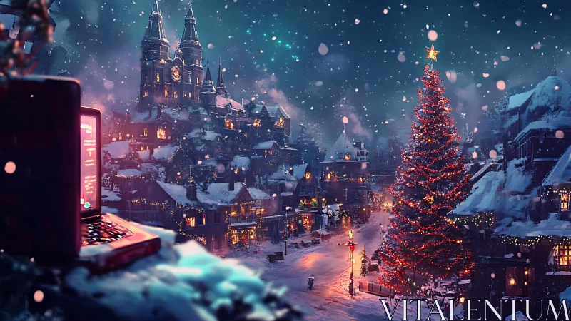 Snowy Christmas town square glows under a towering lit tree