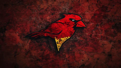 Red cardinal graphic on textured dark red grunge background.