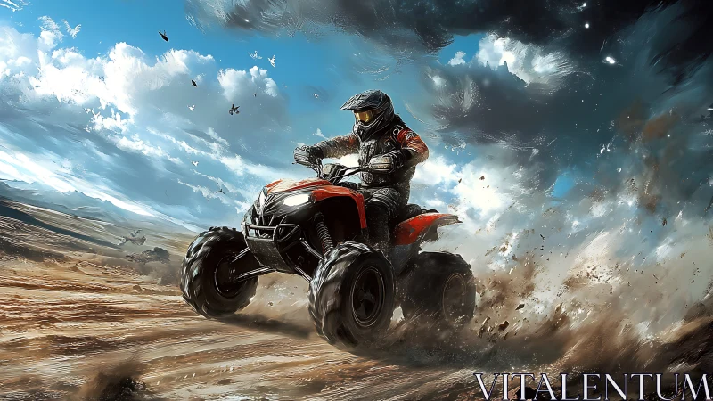 Dust-chasing rider slingshots a roaring ATV through stormlight