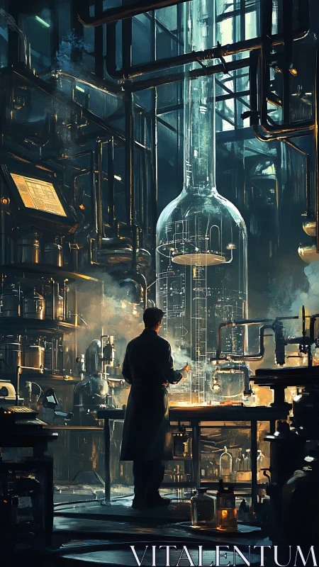 Industrial alchemy lab with towering volumetric reactor vessel.