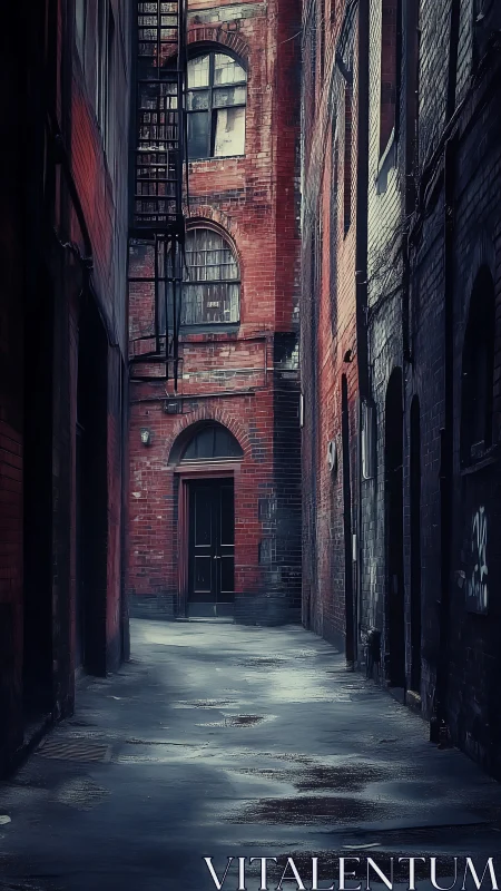 Narrow brick alleyway with wet pavement and fire escape.