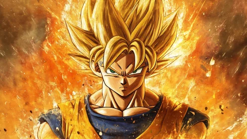 Golden-haired warrior stands in a blazing, explosive aura