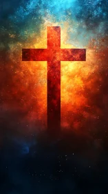 Radiant cross glows gently amid swirling cosmic color