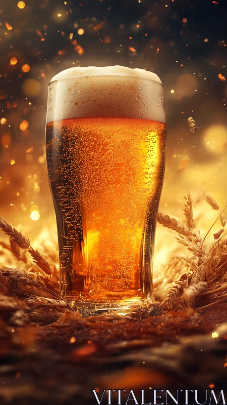 Pint glass holds amber beer amid wheat and glowing bokeh