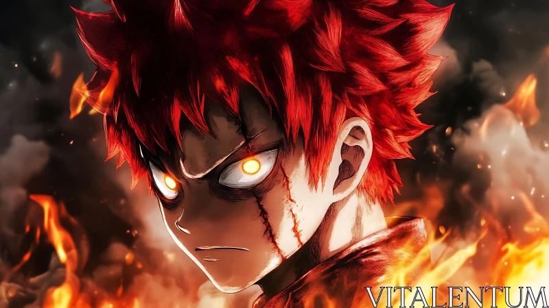 Blazing red haired warrior locks eyes with burning resolve