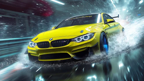 Yellow BMW sports car drifting through wet tunnel scene.