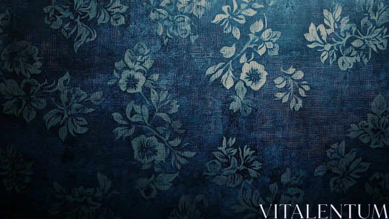 Textured blue floral wallpaper with subtle vintage wear.
