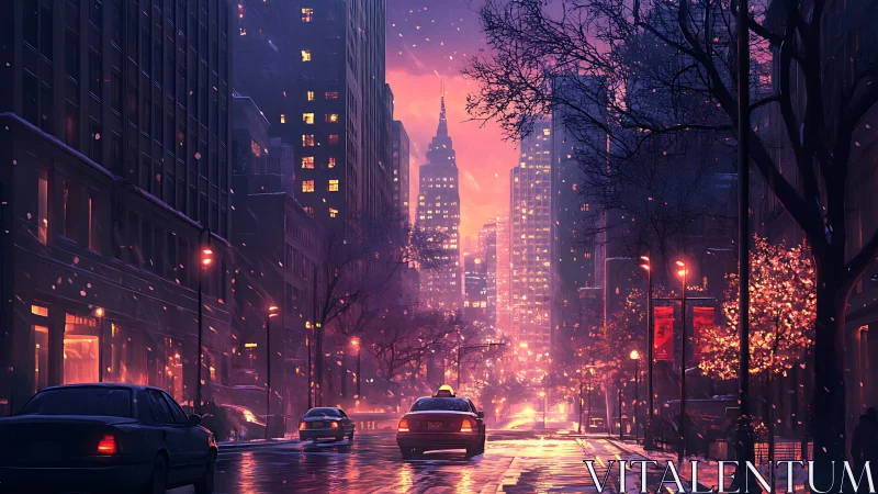 Winter city avenue with traffic under pink evening sky.