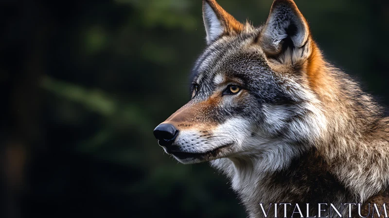 Side-profile portrait of vigilant wolf in soft forest bokeh