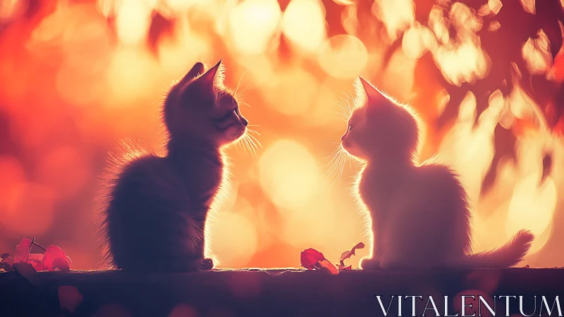 Two Cats Silhouetted Against Warm Bokeh Background.