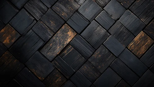Charred wooden block parquet forms dark woven surface