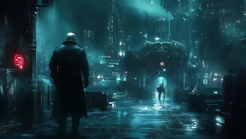 Cyberpunk alley with two figures in rainy neon cityscape.