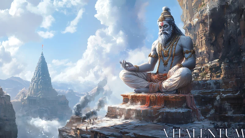 Mountain colossus in meditative pose above temple valley.