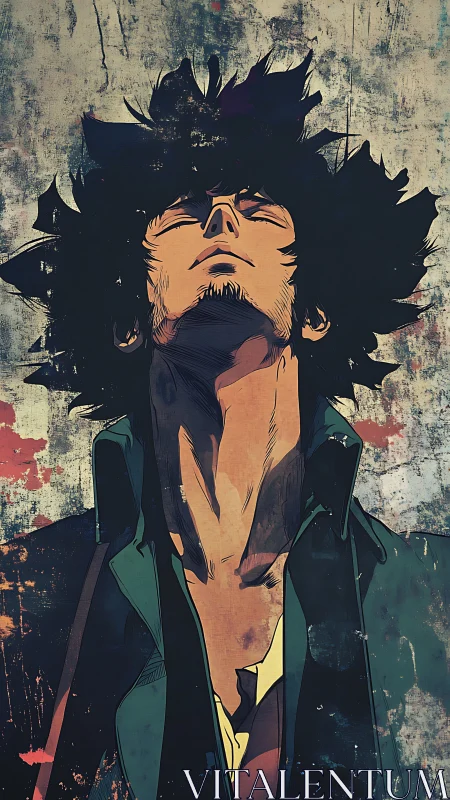 Solitary anime drifter stands against distressed urban wall