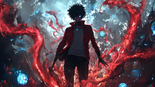 Backlit anime figure channels volatile red energy tendrils in void