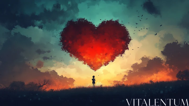 Solitary Figure Beneath Giant Heart-Shaped Cloud.