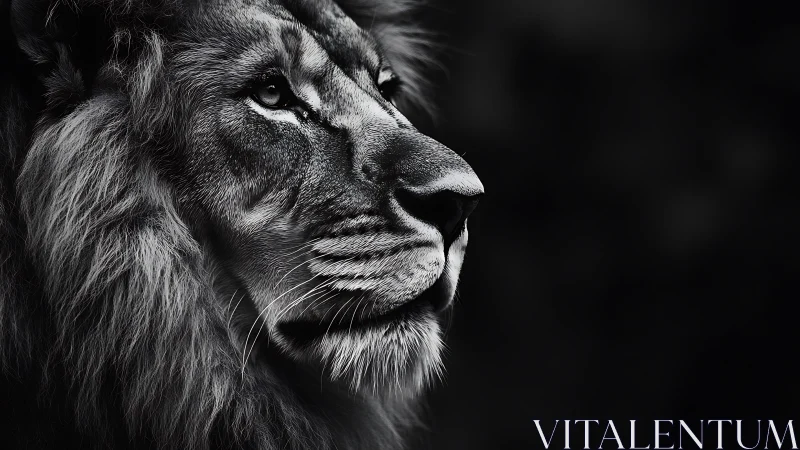 Monochrome lion profile portrait in dramatic side lighting.