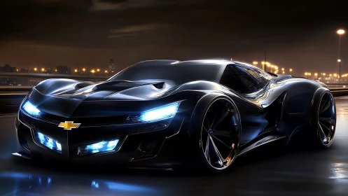 Midnight Chevrolet supercar glowing with electric blue light.