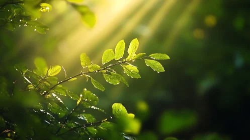 Backlit foliage with dew droplets under directional morning sun