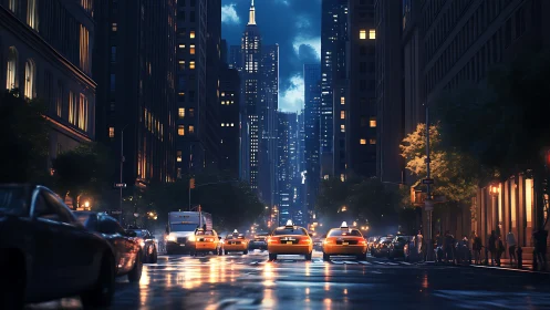 Wet downtown avenue renders reflective night traffic and cabs