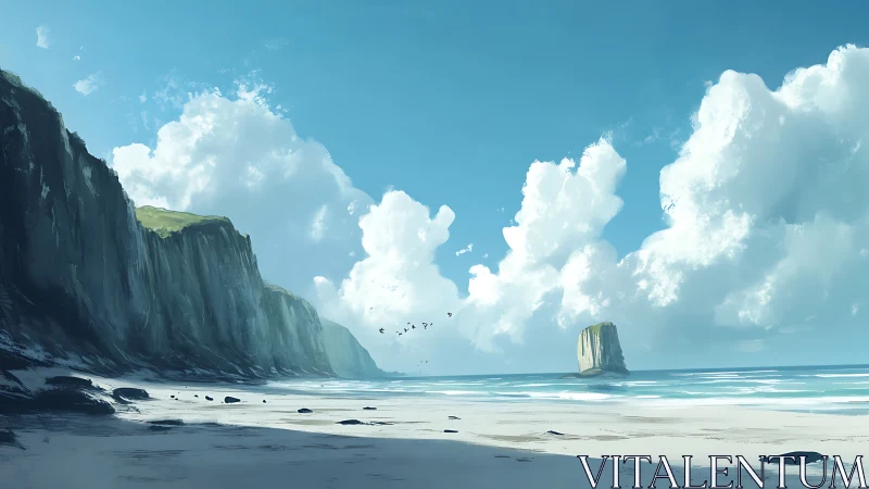 Basalt Columnar Formation Coastal Seascape Digital Illustration.
