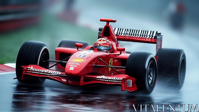 Red Formula 1 car moves through wet circuit in light rain