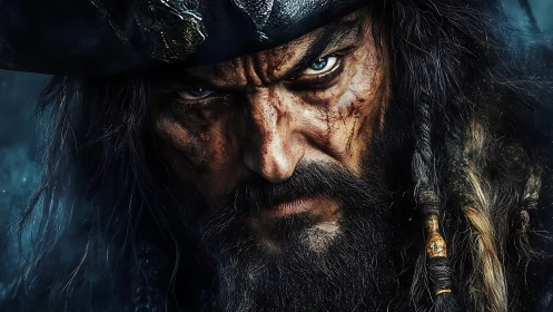 Scarred pirate captain glares with fierce, stormlit resolve