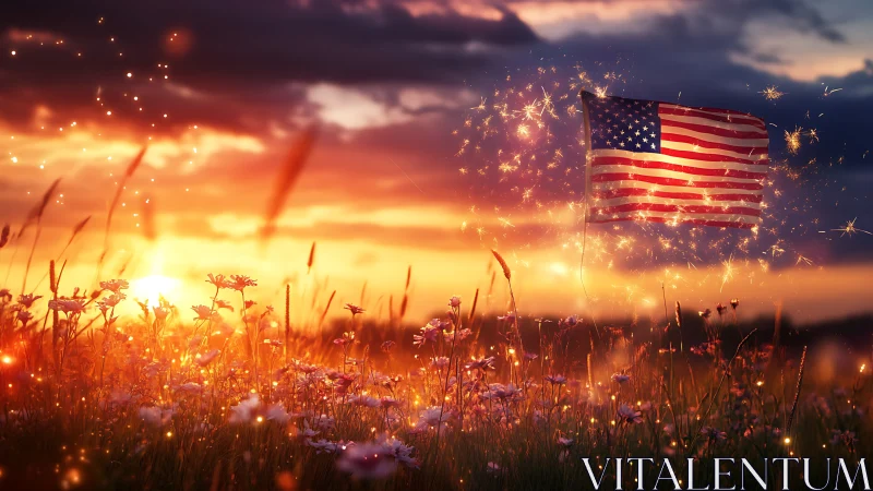Sunlit wildflower meadow crowned by a sparkling US flag.