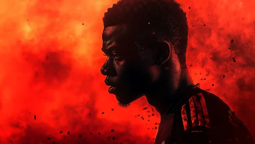 Profiled footballer silhouette in red particulate atmosphere.