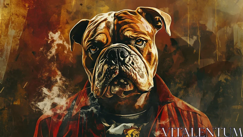 Bulldog portrait in red jacket against smoky backdrop.