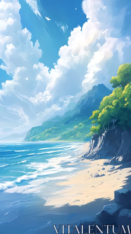 Coastal Cliff Beach Composition: Digital Landscape with Oceanic Vista