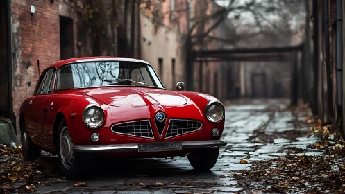 Vintage red coupe on rainy cobblestone alleyway at dusk.