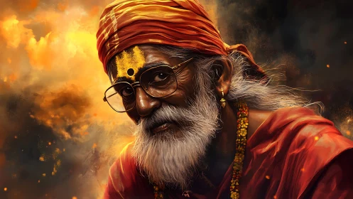 Digital painting portrait of elder guru in ember-lit atmosphere.