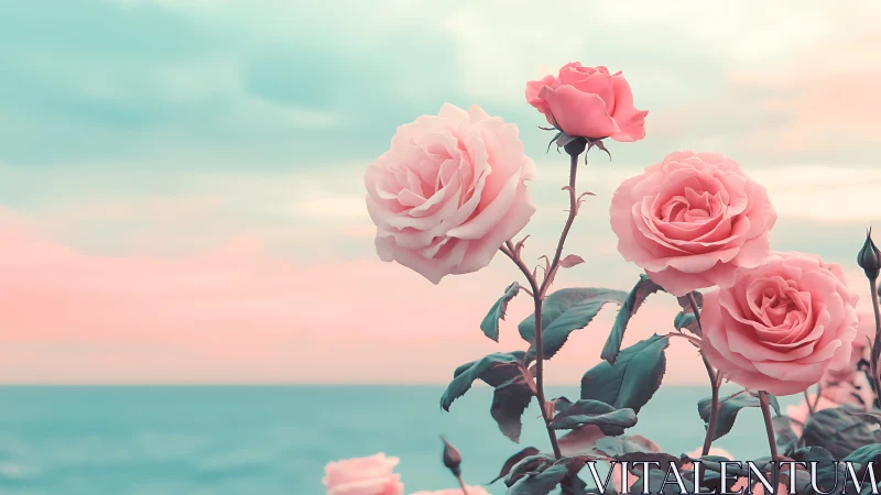 Pink Roses Bloom Against Serene Ocean Sunset.
