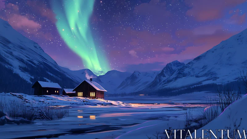 Aurora glows above a snowy cabin valley under starry twilight