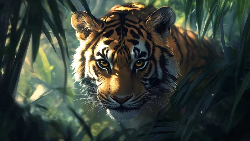 Stalking tiger emerging from shadowed rainforest foliage.