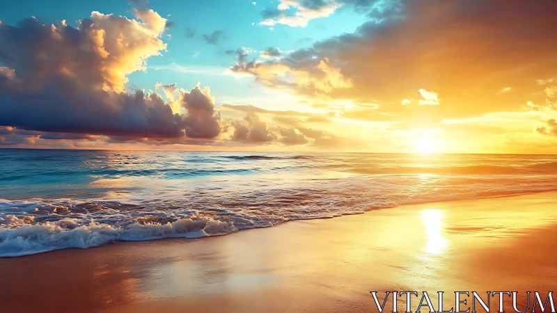 Sunlit tide polishes the shore in molten morning color